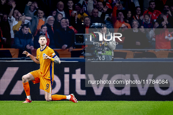 Netherlands forward Wout Weghorst scores the 1-0 and celebrates the goal during the match between the Netherlands and Hungary at the Johan C...