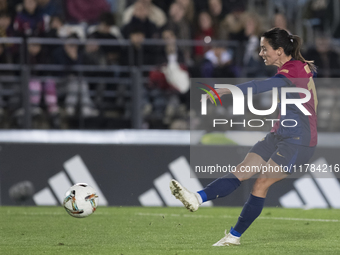 Aitana Bonmati of FC Barcelona attempts a shot during the LIGA F match between Real Madrid and FC Barcelona at Alfredo Di Stefano stadium in...