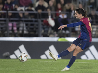 Aitana Bonmati of FC Barcelona attempts a shot during the LIGA F match between Real Madrid and FC Barcelona at Alfredo Di Stefano stadium in...