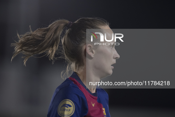 Caroline Hansen of FC Barcelona participates in the LIGA F match between Real Madrid and FC Barcelona at Alfredo Di Stefano stadium in Madri...