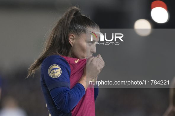 Claudia Pina of FC Barcelona celebrates a goal during the LIGA F match between Real Madrid and FC Barcelona at Alfredo Di Stefano stadium in...