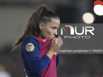 Claudia Pina of FC Barcelona celebrates a goal during the LIGA F match between Real Madrid and FC Barcelona at Alfredo Di Stefano stadium in...