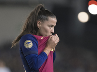 Claudia Pina of FC Barcelona celebrates a goal during the LIGA F match between Real Madrid and FC Barcelona at Alfredo Di Stefano stadium in...