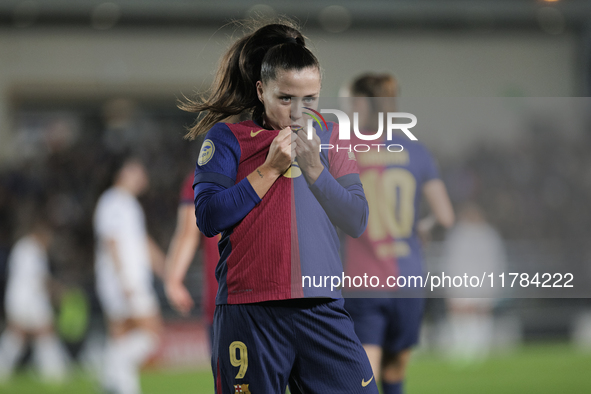 Claudia Pina of FC Barcelona celebrates a goal during the LIGA F match between Real Madrid and FC Barcelona at Alfredo Di Stefano stadium in...