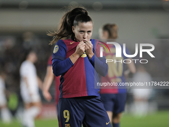 Claudia Pina of FC Barcelona celebrates a goal during the LIGA F match between Real Madrid and FC Barcelona at Alfredo Di Stefano stadium in...