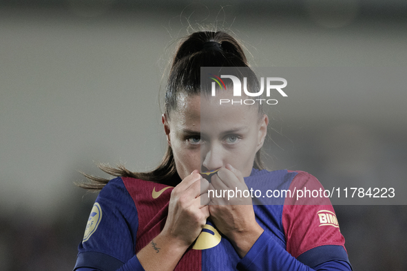 Claudia Pina of FC Barcelona celebrates a goal during the LIGA F match between Real Madrid and FC Barcelona at Alfredo Di Stefano stadium in...