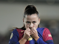 Claudia Pina of FC Barcelona celebrates a goal during the LIGA F match between Real Madrid and FC Barcelona at Alfredo Di Stefano stadium in...