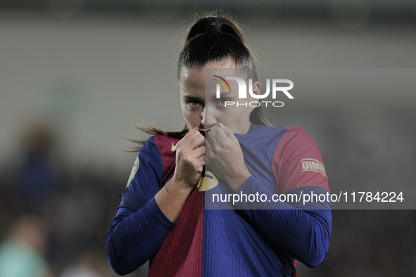 Claudia Pina of FC Barcelona celebrates a goal during the LIGA F match between Real Madrid and FC Barcelona at Alfredo Di Stefano stadium in...