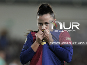 Claudia Pina of FC Barcelona celebrates a goal during the LIGA F match between Real Madrid and FC Barcelona at Alfredo Di Stefano stadium in...