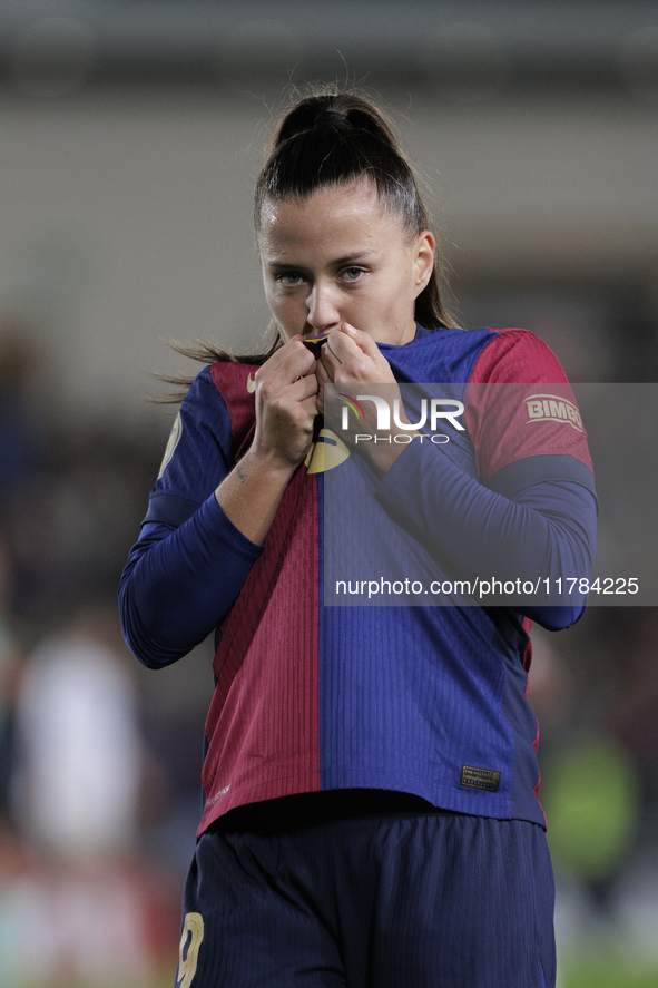 Claudia Pina of FC Barcelona celebrates a goal during the LIGA F match between Real Madrid and FC Barcelona at Alfredo Di Stefano stadium in...