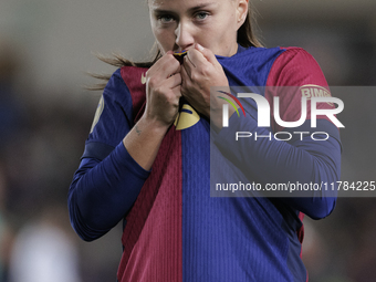 Claudia Pina of FC Barcelona celebrates a goal during the LIGA F match between Real Madrid and FC Barcelona at Alfredo Di Stefano stadium in...