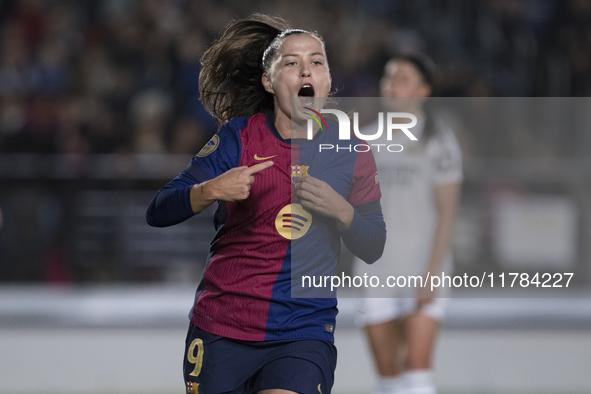 Claudia Pina of FC Barcelona celebrates a goal during the LIGA F match between Real Madrid and FC Barcelona at Alfredo Di Stefano stadium in...