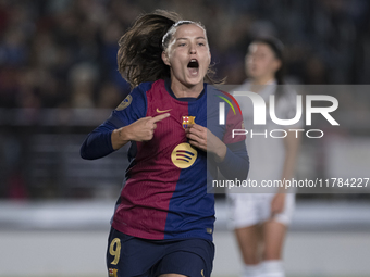 Claudia Pina of FC Barcelona celebrates a goal during the LIGA F match between Real Madrid and FC Barcelona at Alfredo Di Stefano stadium in...