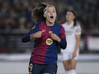 Claudia Pina of FC Barcelona celebrates a goal during the LIGA F match between Real Madrid and FC Barcelona at Alfredo Di Stefano stadium in...