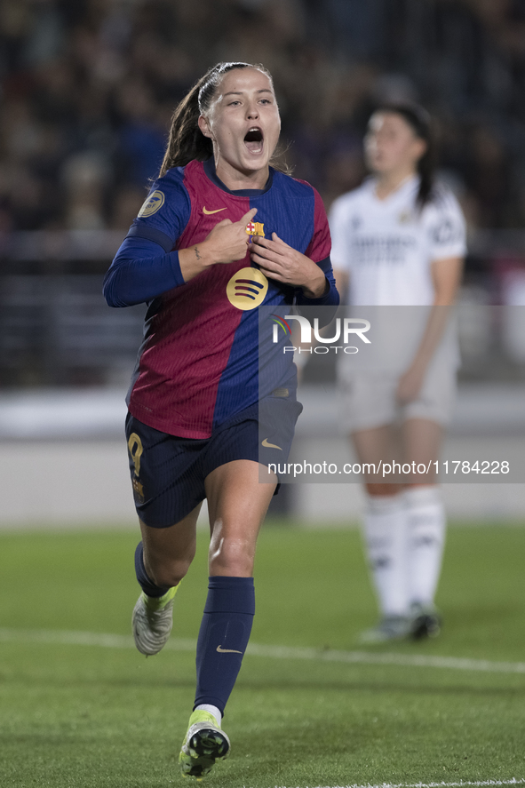 Claudia Pina of FC Barcelona celebrates a goal during the LIGA F match between Real Madrid and FC Barcelona at Alfredo Di Stefano stadium in...