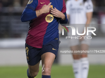 Claudia Pina of FC Barcelona celebrates a goal during the LIGA F match between Real Madrid and FC Barcelona at Alfredo Di Stefano stadium in...