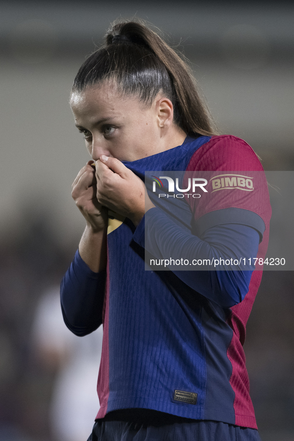 Claudia Pina of FC Barcelona celebrates a goal during the LIGA F match between Real Madrid and FC Barcelona at Alfredo Di Stefano stadium in...