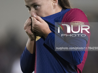 Claudia Pina of FC Barcelona celebrates a goal during the LIGA F match between Real Madrid and FC Barcelona at Alfredo Di Stefano stadium in...