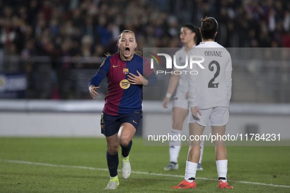 Claudia Pina of FC Barcelona celebrates a goal during the LIGA F match between Real Madrid and FC Barcelona at Alfredo Di Stefano stadium in...