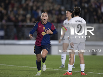 Claudia Pina of FC Barcelona celebrates a goal during the LIGA F match between Real Madrid and FC Barcelona at Alfredo Di Stefano stadium in...