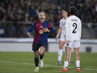 Claudia Pina of FC Barcelona celebrates a goal during the LIGA F match between Real Madrid and FC Barcelona at Alfredo Di Stefano stadium in...