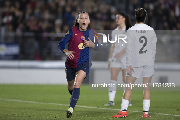 Claudia Pina of FC Barcelona celebrates a goal during the LIGA F match between Real Madrid and FC Barcelona at Alfredo Di Stefano stadium in...