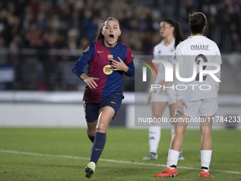 Claudia Pina of FC Barcelona celebrates a goal during the LIGA F match between Real Madrid and FC Barcelona at Alfredo Di Stefano stadium in...