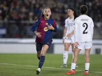 Claudia Pina of FC Barcelona celebrates a goal during the LIGA F match between Real Madrid and FC Barcelona at Alfredo Di Stefano stadium in...