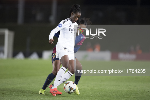 Naomie Feller of Real Madrid and Esmee Brugts of FC Barcelona fight for the ball during the LIGA F match between Real Madrid and FC Barcelon...