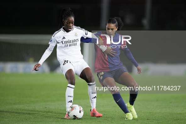 Naomie Feller of Real Madrid and Esmee Brugts of FC Barcelona fight for the ball during the LIGA F match between Real Madrid and FC Barcelon...