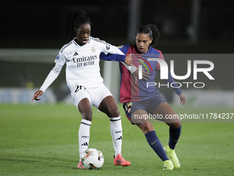 Naomie Feller of Real Madrid and Esmee Brugts of FC Barcelona fight for the ball during the LIGA F match between Real Madrid and FC Barcelon...