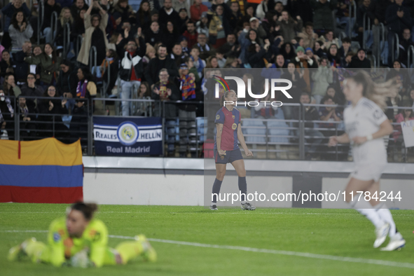 Patri Guijarro of FC Barcelona celebrates a goal during the LIGA F match between Real Madrid and FC Barcelona at Alfredo Di Stefano stadium...