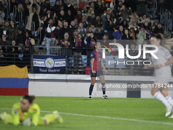 Patri Guijarro of FC Barcelona celebrates a goal during the LIGA F match between Real Madrid and FC Barcelona at Alfredo Di Stefano stadium...