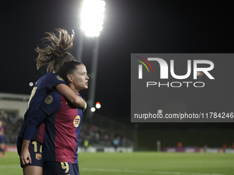 Claudia Pina of FC Barcelona celebrates a goal during the LIGA F match between Real Madrid and FC Barcelona at Alfredo Di Stefano stadium in...