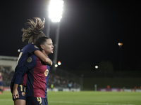 Claudia Pina of FC Barcelona celebrates a goal during the LIGA F match between Real Madrid and FC Barcelona at Alfredo Di Stefano stadium in...