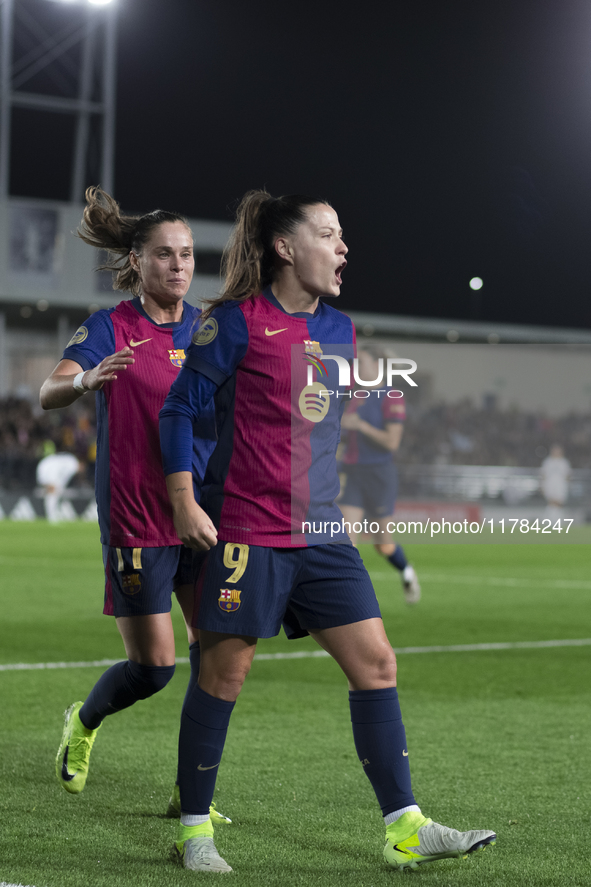 Claudia Pina of FC Barcelona celebrates a goal during the LIGA F match between Real Madrid and FC Barcelona at Alfredo Di Stefano stadium in...