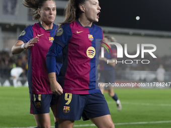 Claudia Pina of FC Barcelona celebrates a goal during the LIGA F match between Real Madrid and FC Barcelona at Alfredo Di Stefano stadium in...