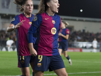 Claudia Pina of FC Barcelona celebrates a goal during the LIGA F match between Real Madrid and FC Barcelona at Alfredo Di Stefano stadium in...