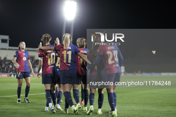 Several players of FC Barcelona celebrate a goal during the LIGA F match between Real Madrid and FC Barcelona at Alfredo Di Stefano stadium...