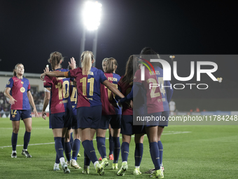 Several players of FC Barcelona celebrate a goal during the LIGA F match between Real Madrid and FC Barcelona at Alfredo Di Stefano stadium...