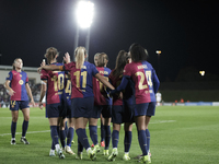 Several players of FC Barcelona celebrate a goal during the LIGA F match between Real Madrid and FC Barcelona at Alfredo Di Stefano stadium...