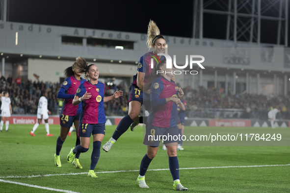 In Madrid, Spain, on November 16, Claudia Pina of FC Barcelona and Alexia Putellas of FC Barcelona celebrate a goal during the LIGA F match...