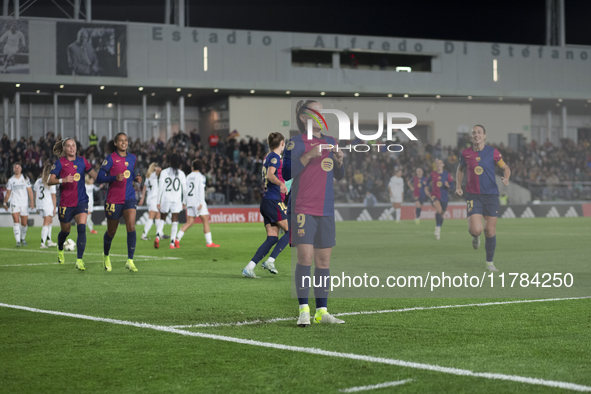 Claudia Pina of FC Barcelona celebrates a goal during the LIGA F match between Real Madrid and FC Barcelona at Alfredo Di Stefano stadium in...