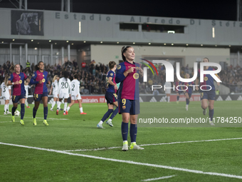 Claudia Pina of FC Barcelona celebrates a goal during the LIGA F match between Real Madrid and FC Barcelona at Alfredo Di Stefano stadium in...