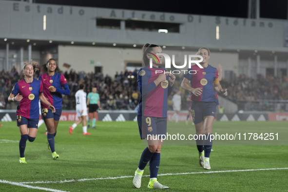 Claudia Pina of FC Barcelona celebrates a goal during the LIGA F match between Real Madrid and FC Barcelona at Alfredo Di Stefano stadium in...