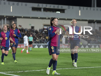 Claudia Pina of FC Barcelona celebrates a goal during the LIGA F match between Real Madrid and FC Barcelona at Alfredo Di Stefano stadium in...