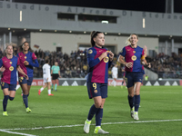 Claudia Pina of FC Barcelona celebrates a goal during the LIGA F match between Real Madrid and FC Barcelona at Alfredo Di Stefano stadium in...