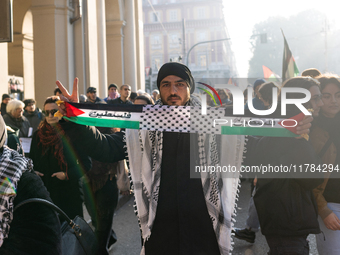 More than 1,000 people march through the center of Turin, Italy, on November 16, 2024, calling for a boycott of Israel and a ceasefire in th...