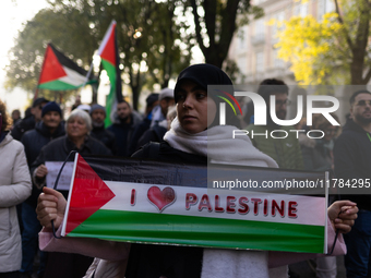 More than 1,000 people march through the center of Turin, Italy, on November 16, 2024, calling for a boycott of Israel and a ceasefire in th...