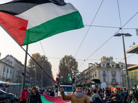 More than 1,000 people march through the center of Turin, Italy, on November 16, 2024, calling for a boycott of Israel and a ceasefire in th...